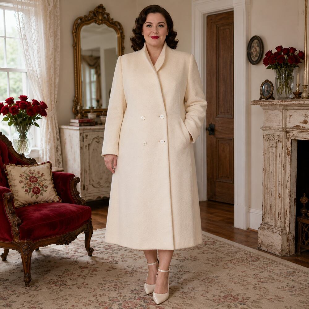 80s Vintage MacKintosh Ivory Wool Long Coat, Double Breasted Cream Winter - M